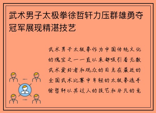 武术男子太极拳徐哲轩力压群雄勇夺冠军展现精湛技艺