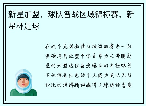 新星加盟，球队备战区域锦标赛，新星杯足球