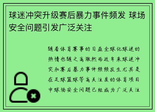球迷冲突升级赛后暴力事件频发 球场安全问题引发广泛关注